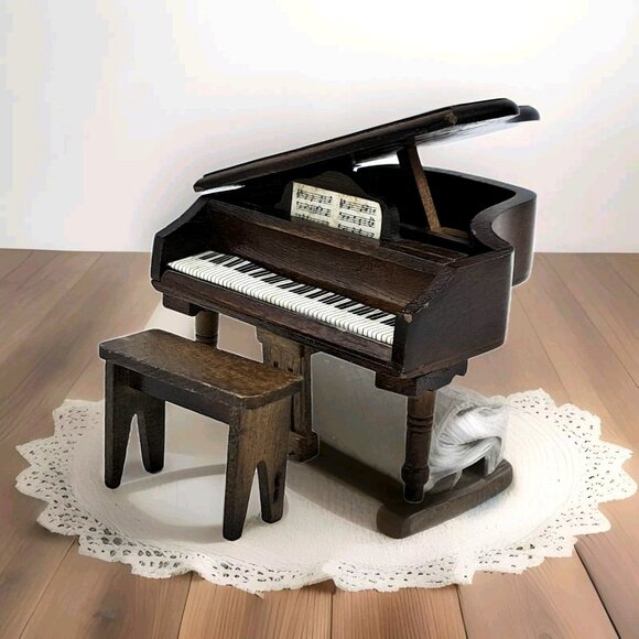 Miniature Grand Piano & Bench Walnut Furniture Doll House Vintage Wooden - Picture 1 of 14